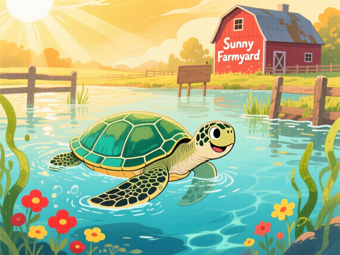 A sea turtle gliding underwater playing joyfully in a sunlit farmyard at the golden hour.
