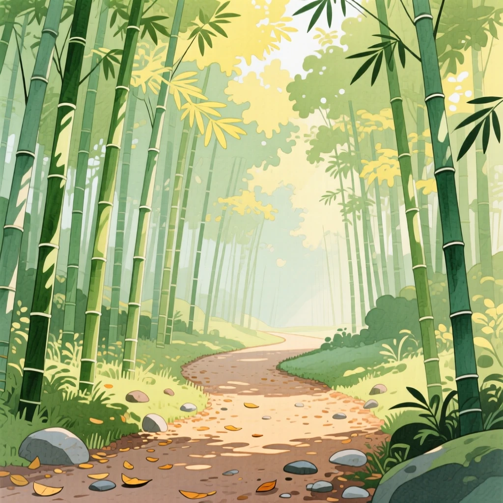 A quiet bamboo forest with light filtering through the stalks, with a winding dirt path disappearing into the distance, radiating natural splendor and tranquility.