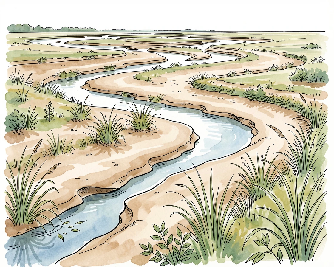 A wide river delta braided with sandbars at low tide, a gentle breeze rippling through the grass and leaves.
