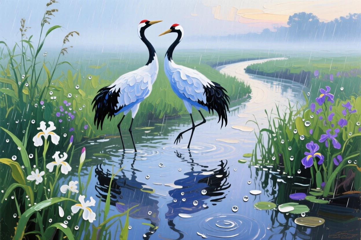 two cranes dancing in a marsh, after the rain, composed along a natural leading line.