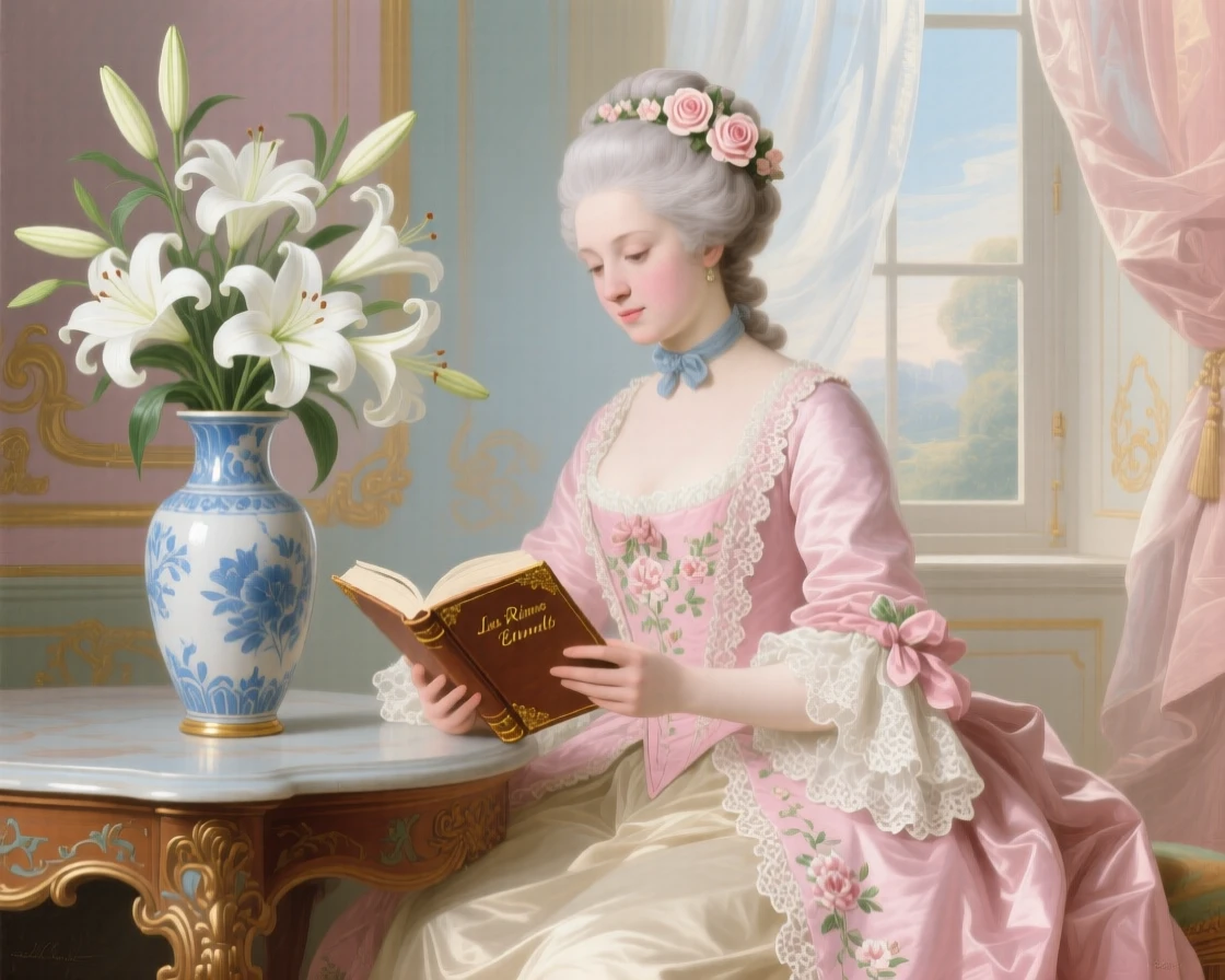 A noblewoman reading beside a tall vase of lilies  