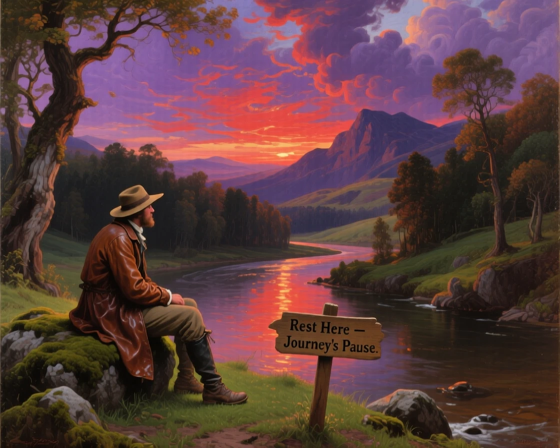 A traveler rests beneath a sky streaked with violet and crimson above a winding river.