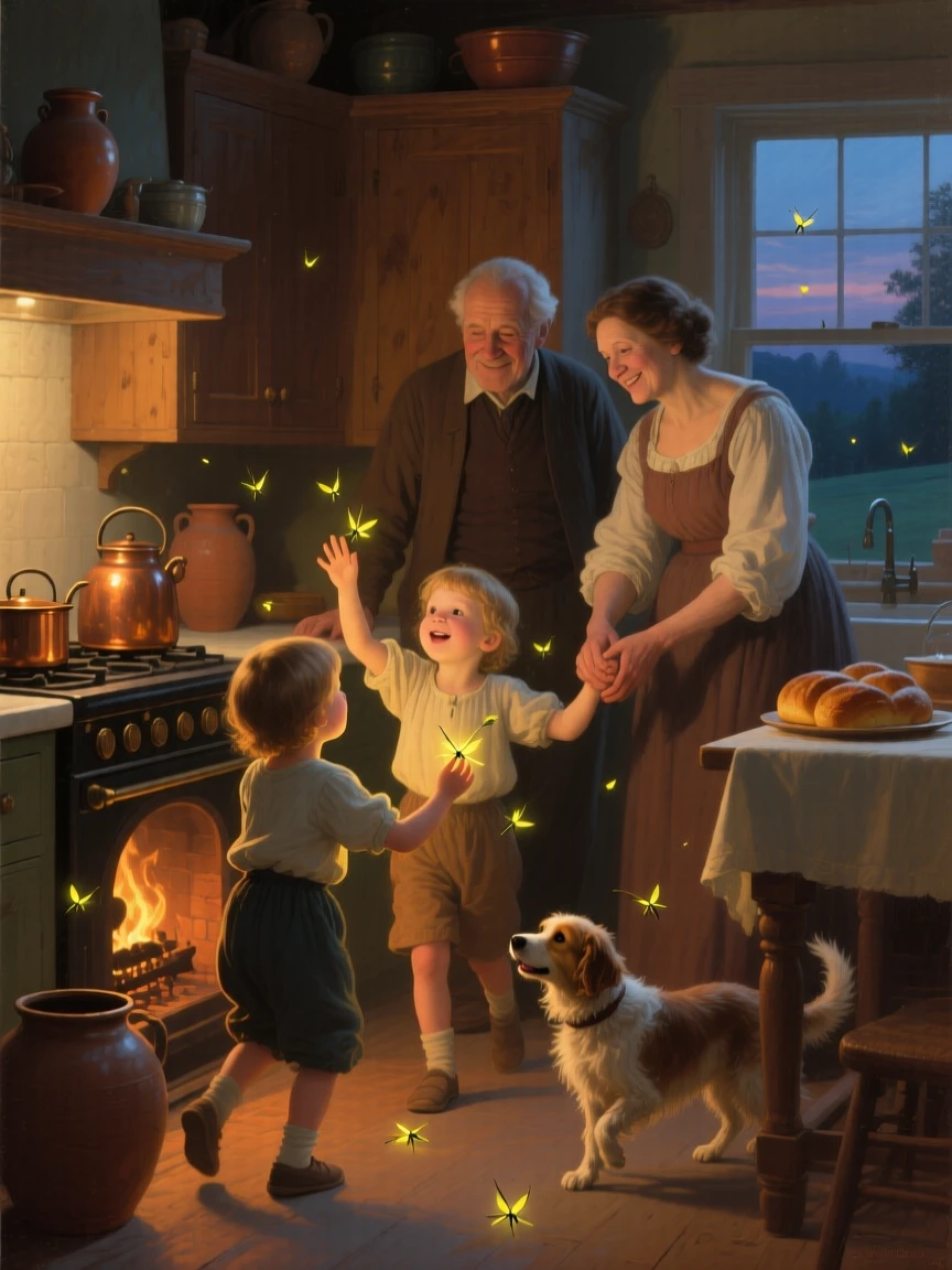 Children chasing fireflies in a warm summer twilight in a scene glowing with warmth and quiet devotion, set within a warmly lit kitchen filled with the smell of baking, with a family pet weaving happily between the figures; the composition draws the eye naturally to interlocked hands or shared eye contact, suggesting the enduring bonds between generations.