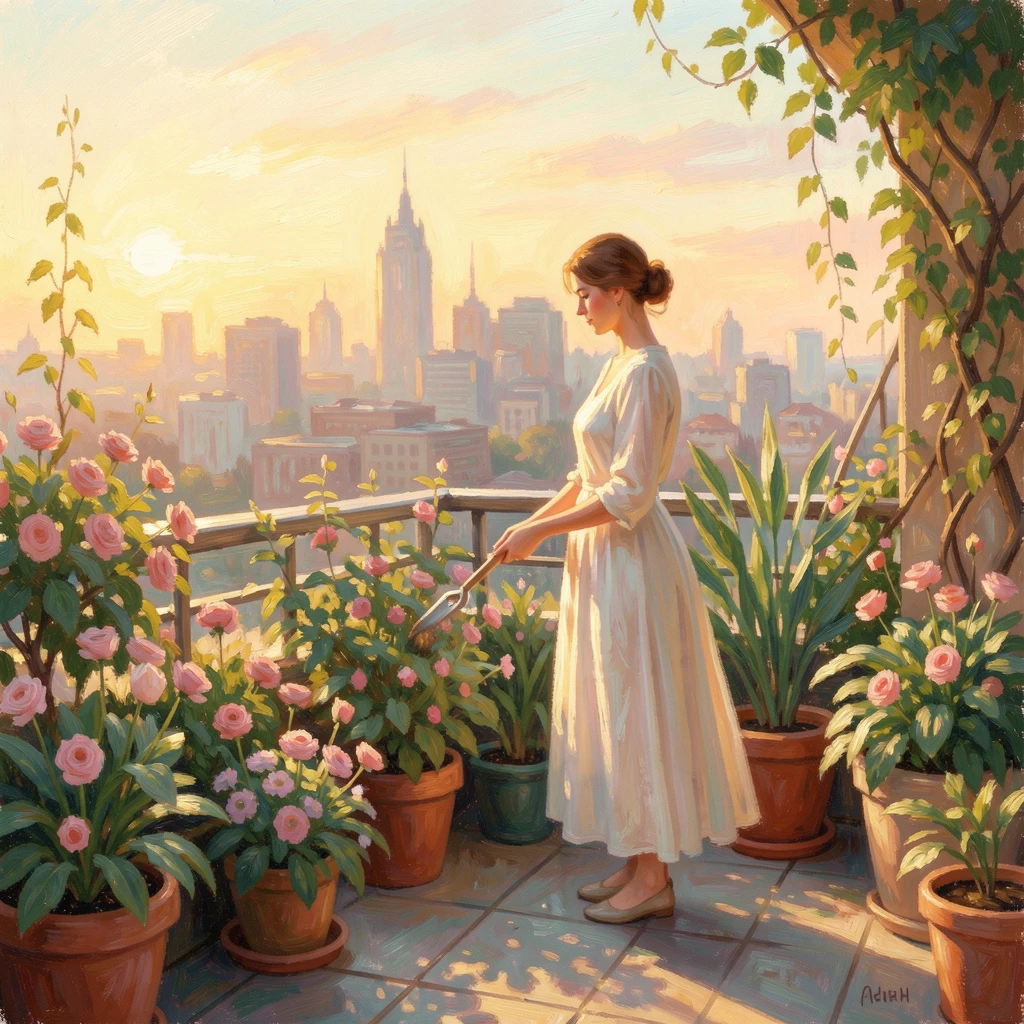 A woman tending to her rooftop garden at golden hour, city skyline glowing softly behind her.