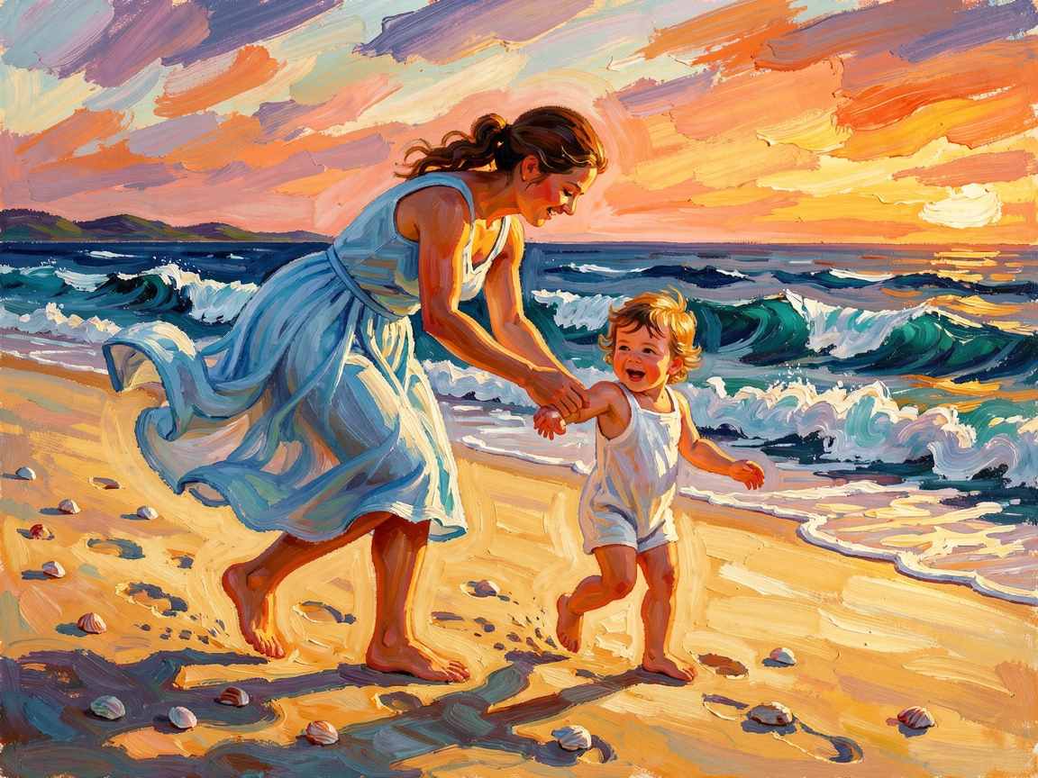 A young mother teaching her toddler to walk along a sandy beach at sunset.