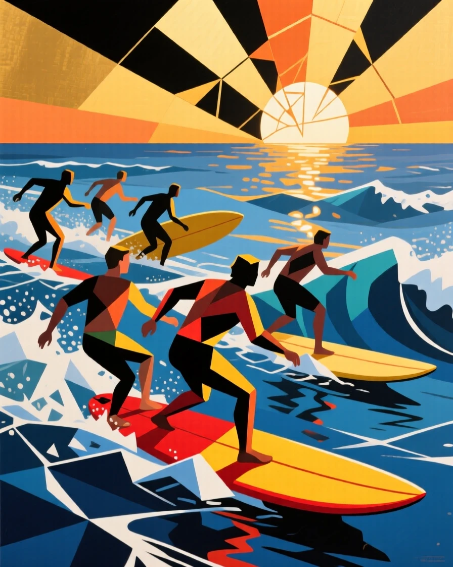 An energetic scene of a group of surfers paddling out at golden hour, captured as the sun rises over the horizon.