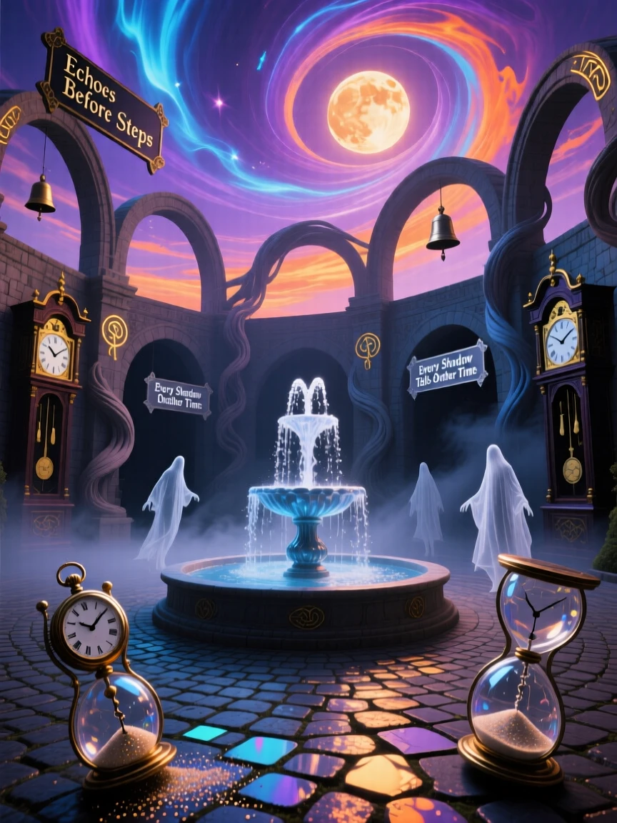 A courtyard where every shadow points toward a different hour hums with a strange, looping quality of time, while echoes of footsteps arrive before they are taken.