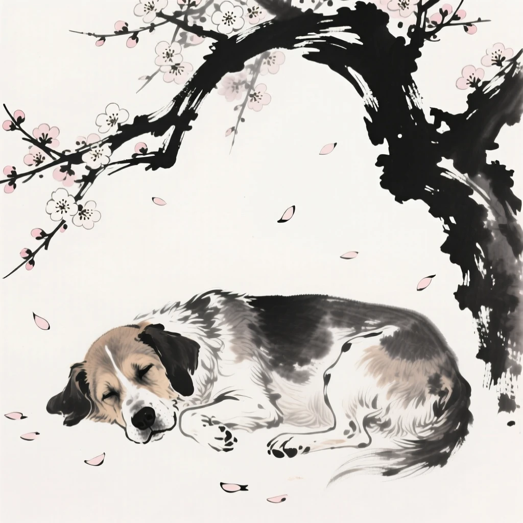 An old dog lies peacefully beneath a blossoming tree, as petals drift down around it.