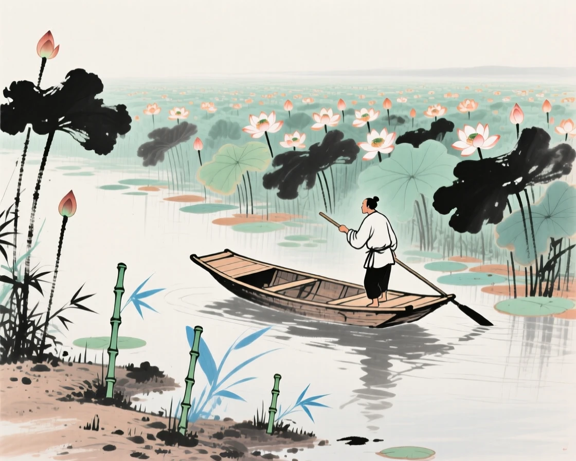 A boatman poling his craft gently through a field of lotus, as new bamboo shoots break through the soil.