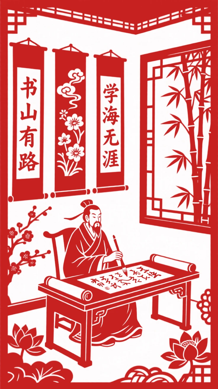 A scholar seated at a desk in a study lined with scrolls, an open window revealing a bamboo garden