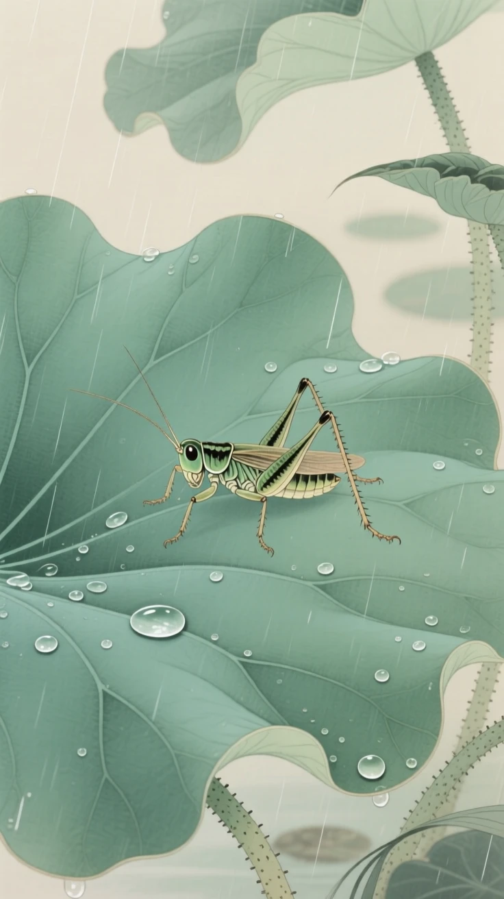 A small cricket on a lotus leaf after summer rain