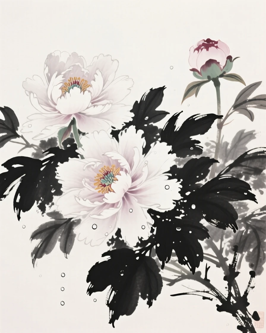 A cluster of peonies in full bloom beneath a light dusting of morning dew, seen from a low angle looking upward, conveying gentle stillness and natural harmony.