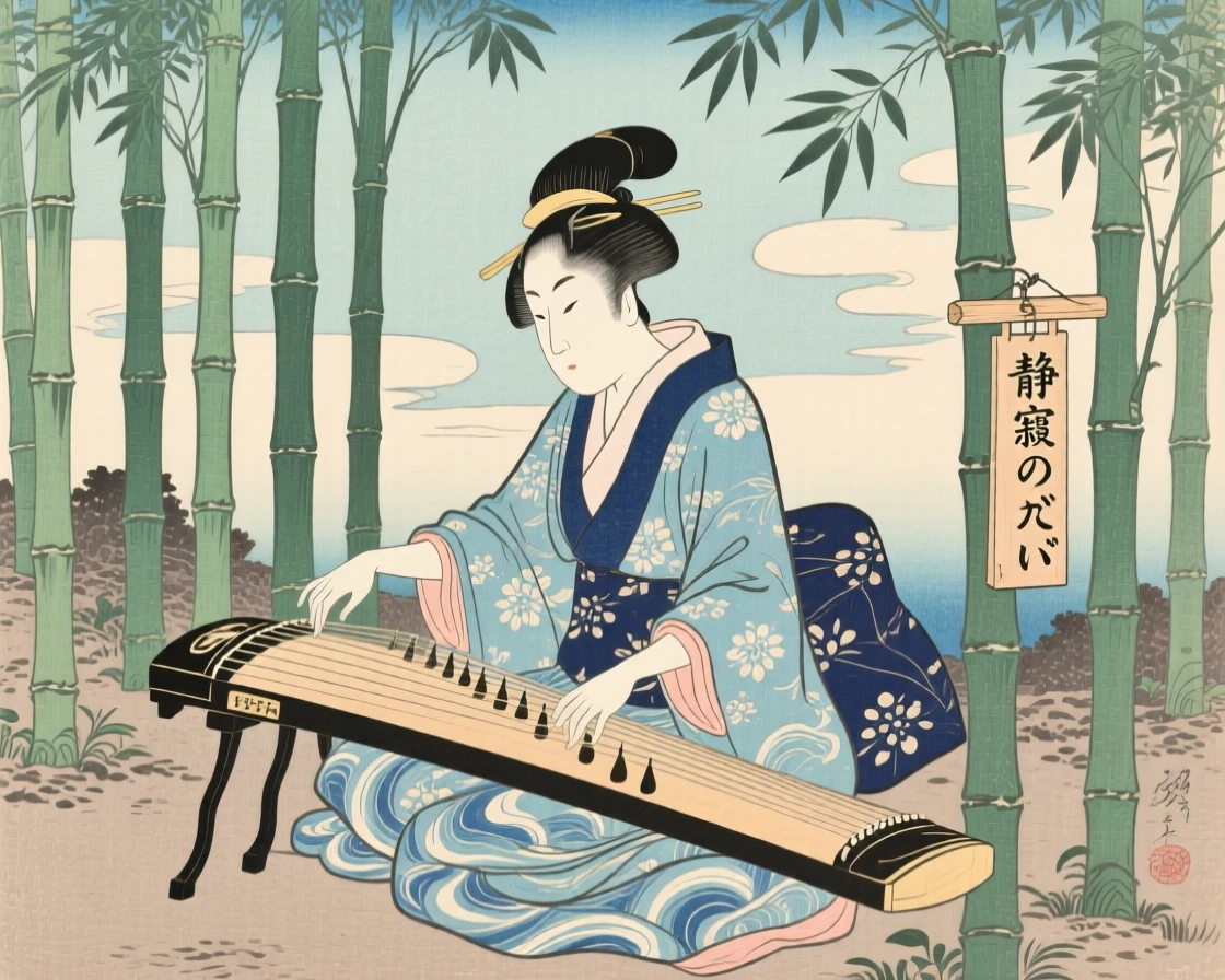 A musician with a stringed instrument practicing a graceful strike in a bamboo grove.