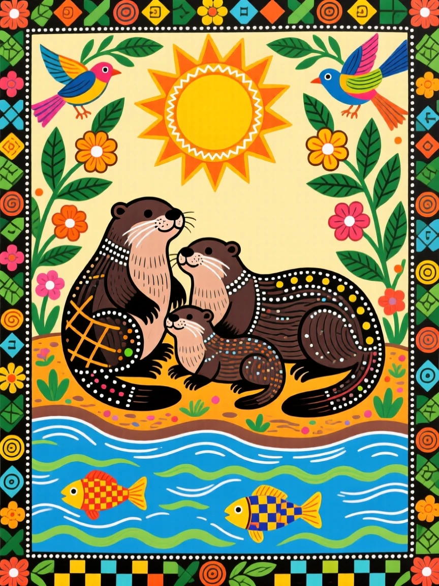 A family of otters resting together on a sun-warmed riverbank.