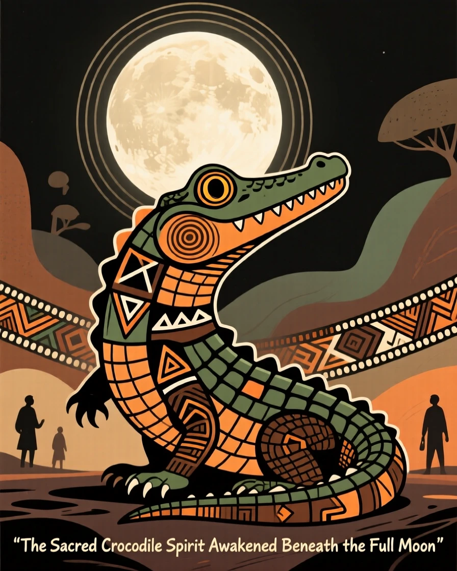 A sacred crocodile spirit appearing to travelers beneath a full moon.