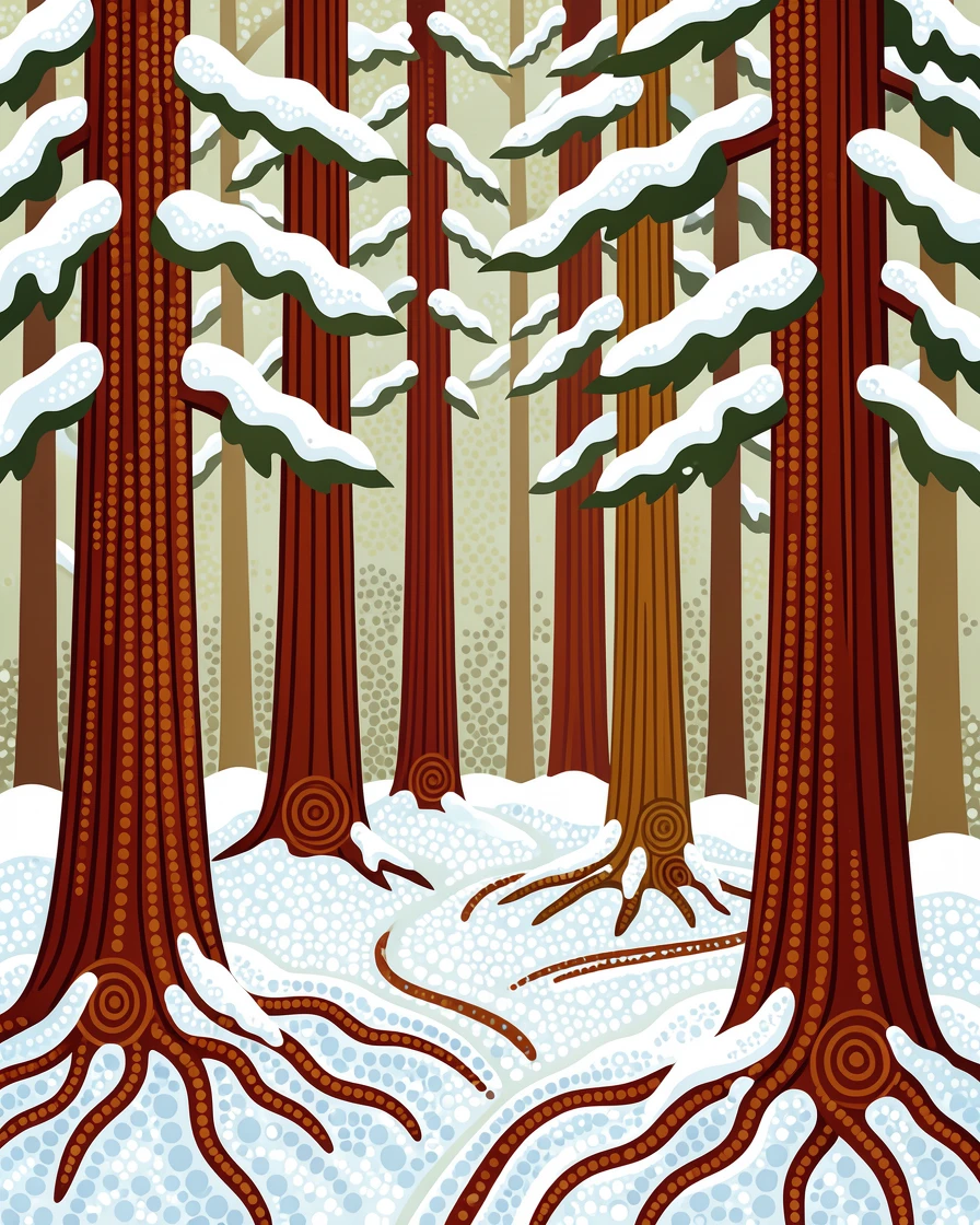An ancient redwood forest after a fresh snowfall