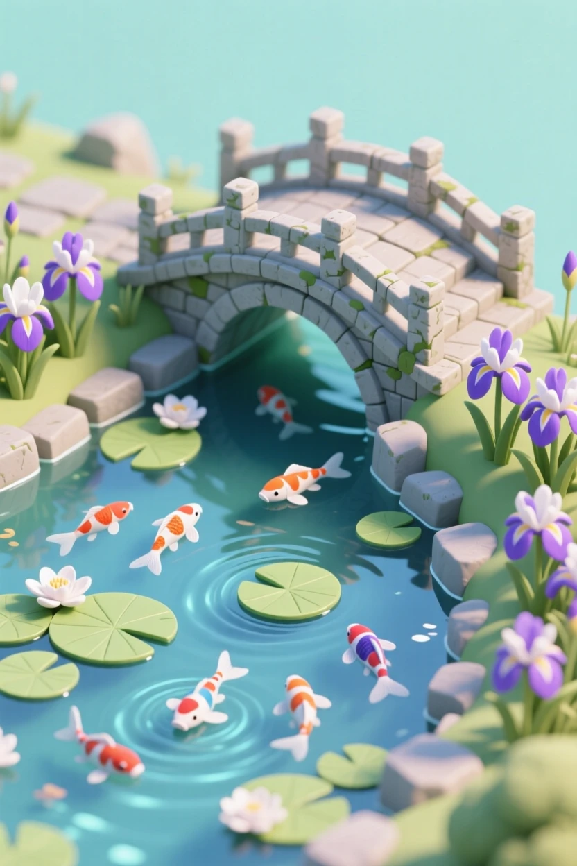 A quiet garden pond with koi swimming beneath lily pads, a small stone bridge arching over the water, and irises blooming along the bank.