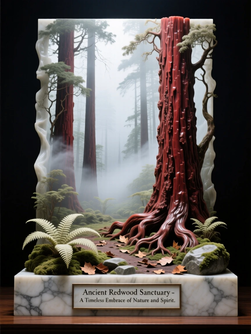 A breathtaking view of an ancient redwood forest bathed in fog, rich with color and atmosphere, evoking peace and wonder