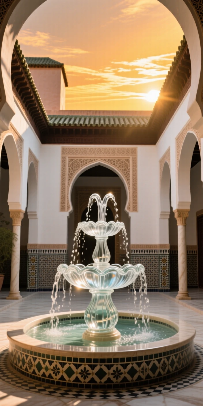 A Moroccan riad courtyard with a central fountain, viewed from a dramatic low angle under a vivid sunset sky, warm golden light highlighting every architectural detail, awe-inspiring and grand.