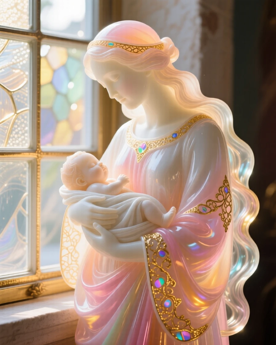 A mother cradling her newborn baby beside a sunlit window, tender and serene.