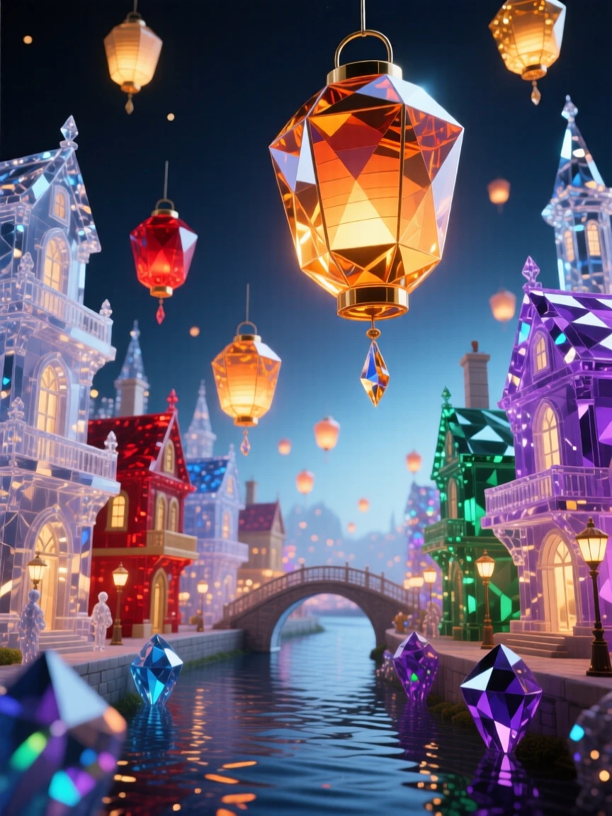 A floating lantern festival rising above a fantasy river town at night.