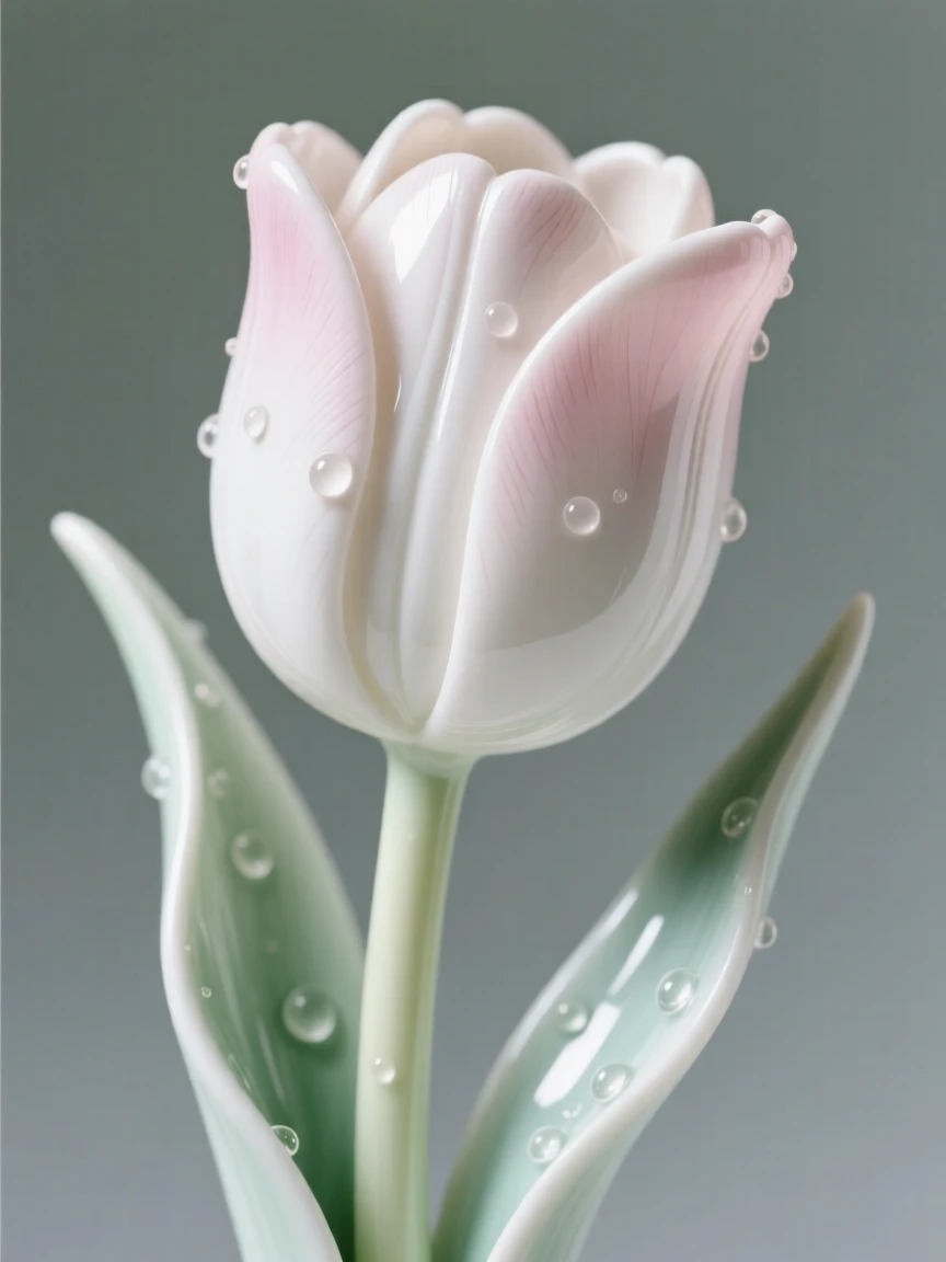 A single tulip in full, perfect bloom, dew drops resting delicately on its surface.