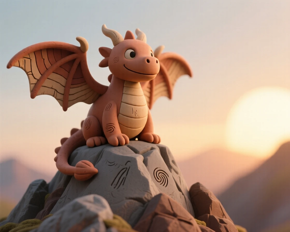 A dragon perched atop a mountain peak, wings catching the sunrise