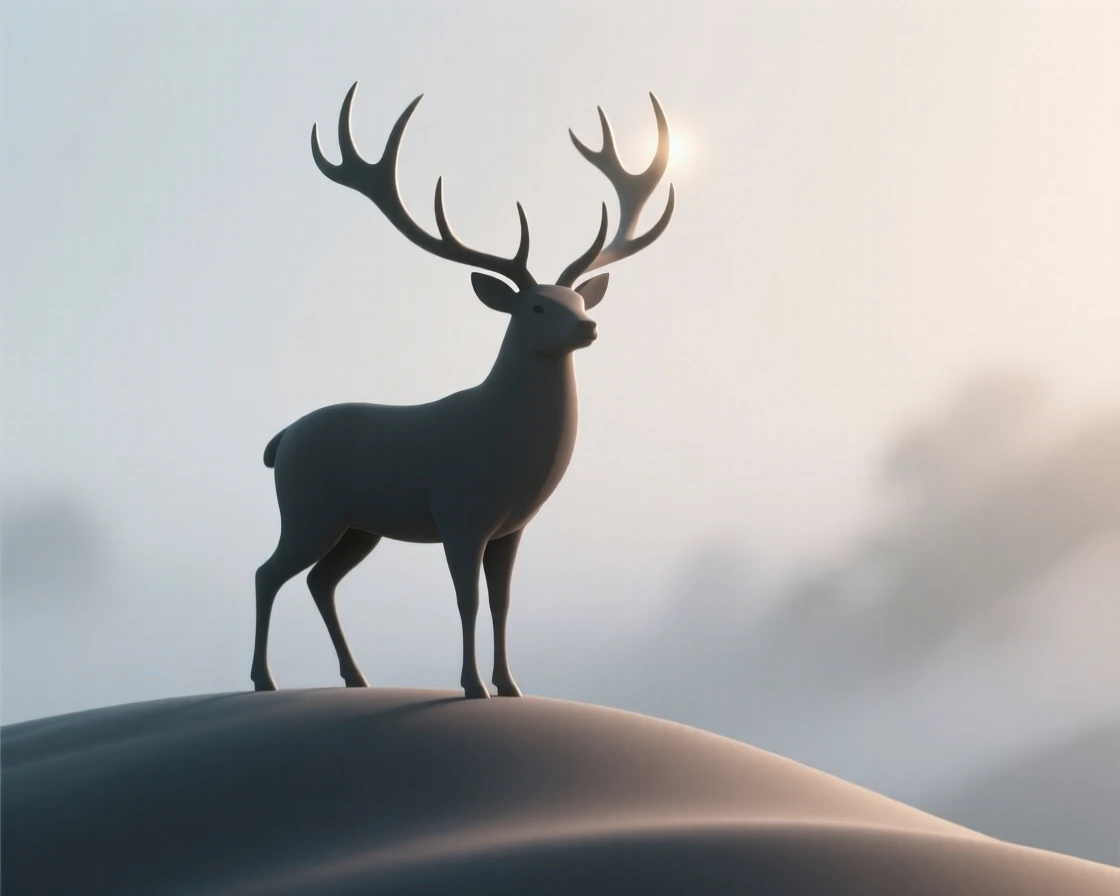A proud stag stands silhouetted on a misty ridge, enormous antlers catching the first light of dawn.