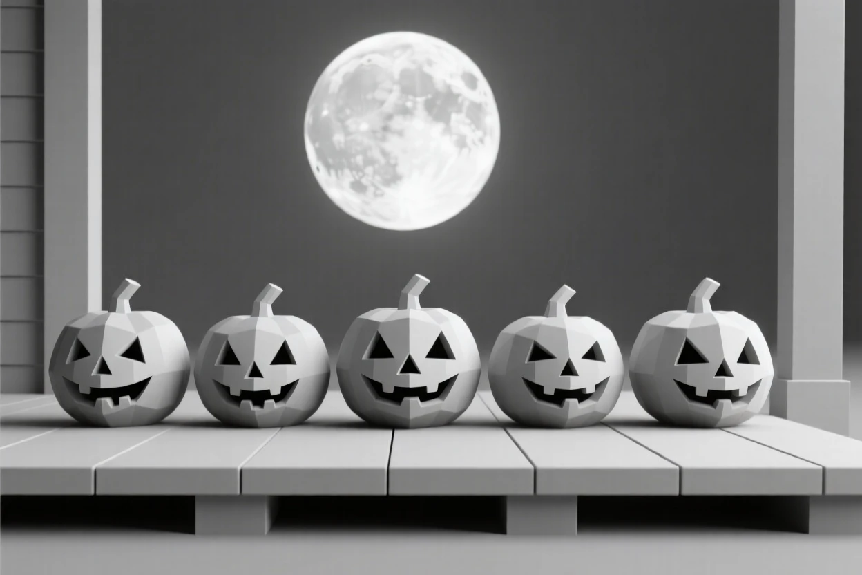 A row of jack-o-lanterns glowing on a porch at dusk, beneath a full harvest moon. the composition centers on the main celebratory focal point. The moment feels magical and full of wonder.