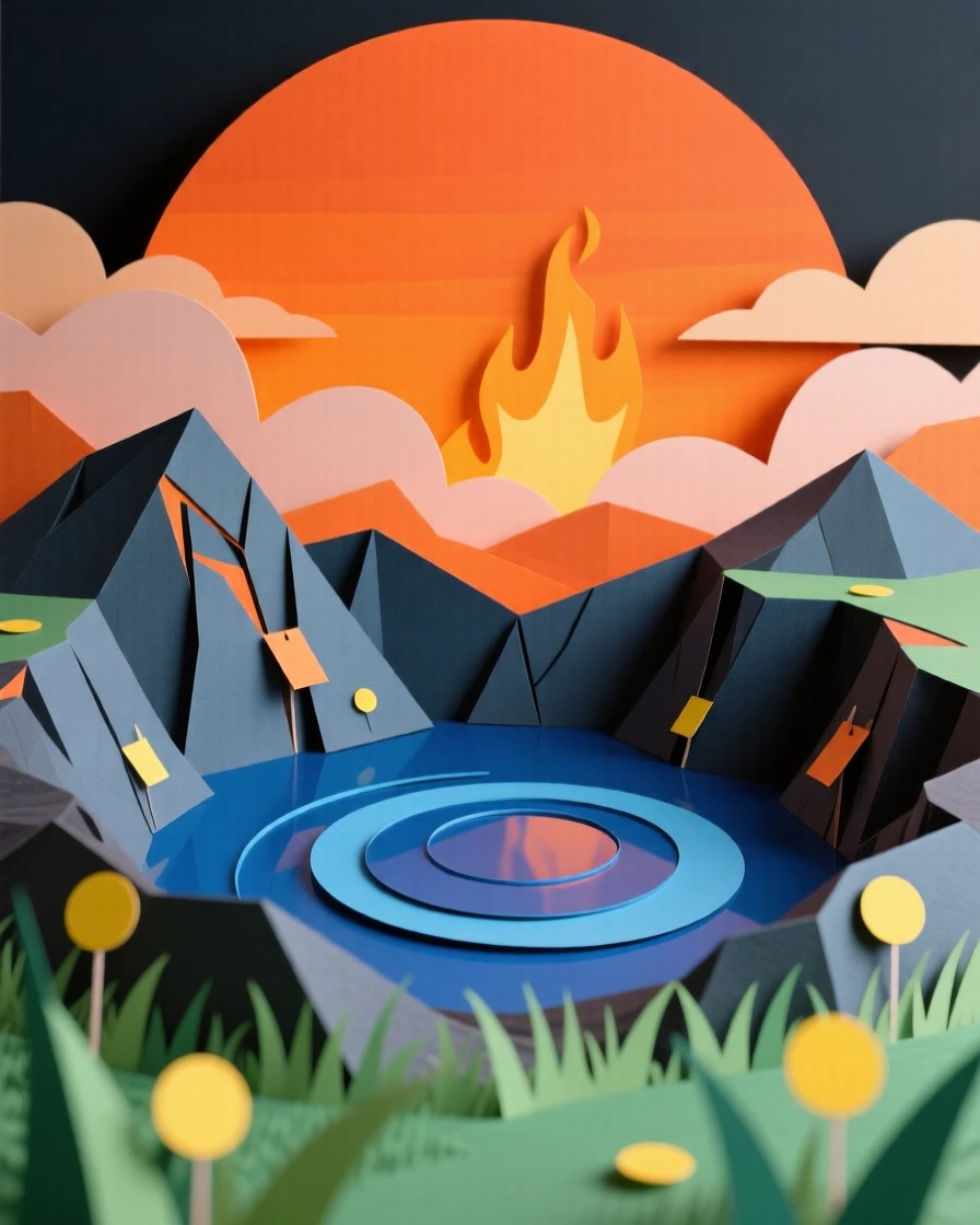 A volcanic crater lake surrounded by cliffs under a blazing orange sunset, with fireflies glowing softly in the grass, evoking serene, meditative contemplation.
