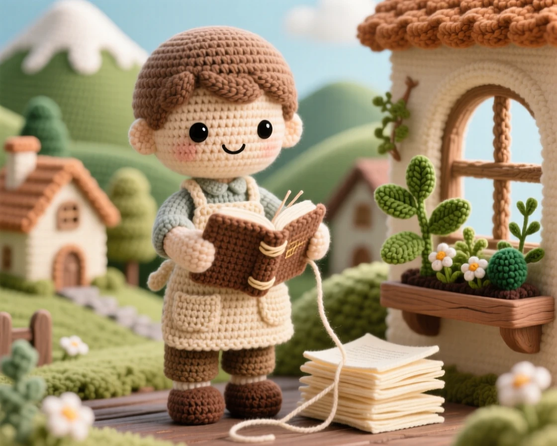 a young apprentice bookbinder, with thread and a stack of pages, sewing the spine of a small book, in a mountain village nestled among green hills, with a potted herb garden on the sill nearby, conveying comforting familiarity and small-town charm.