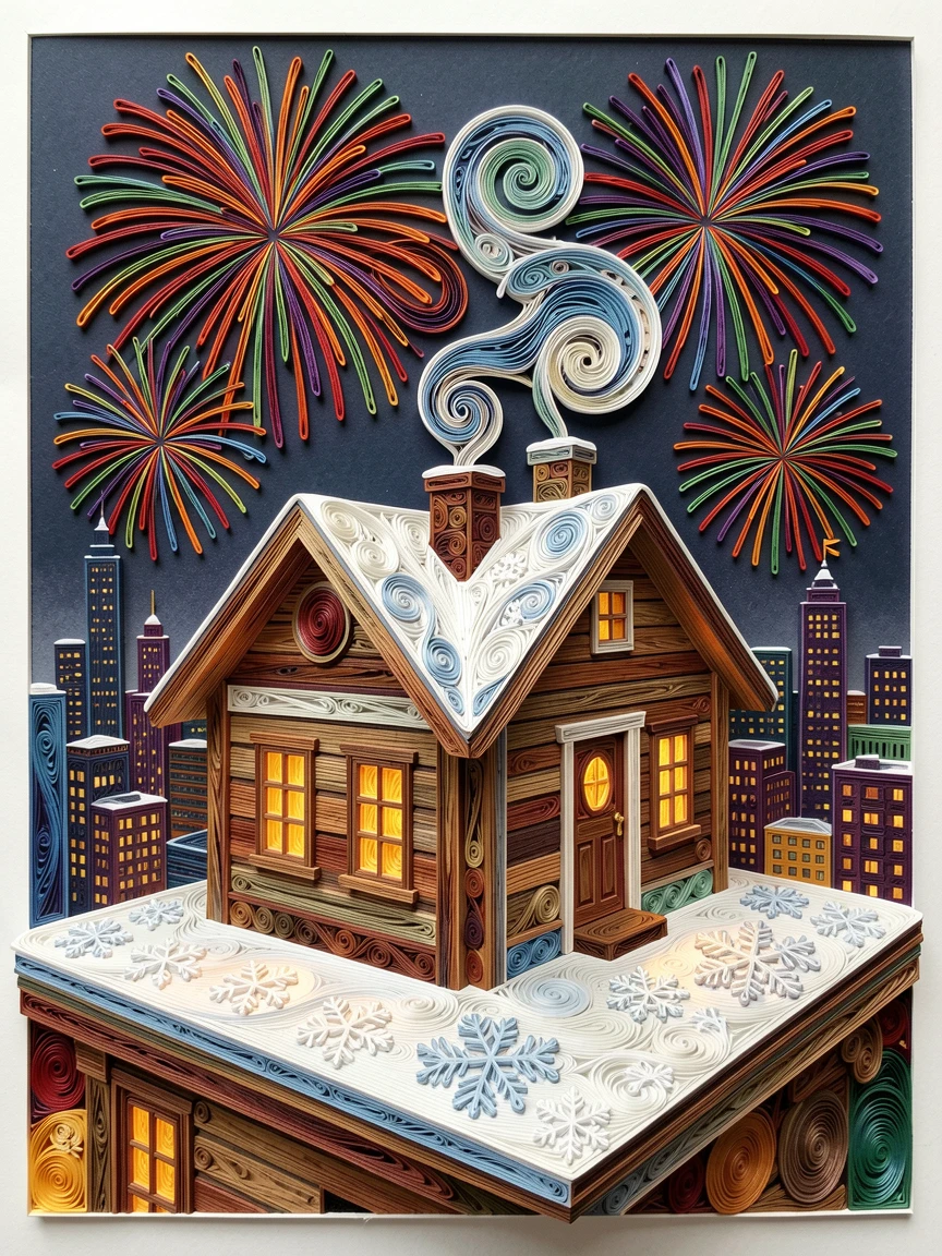 a cozy winter cabin with smoke curling from the chimney, on a rooftop overlooking a fireworks-lit skyline, composed with a cozy, inviting central focal point, with soft snowflakes drifting gently down.