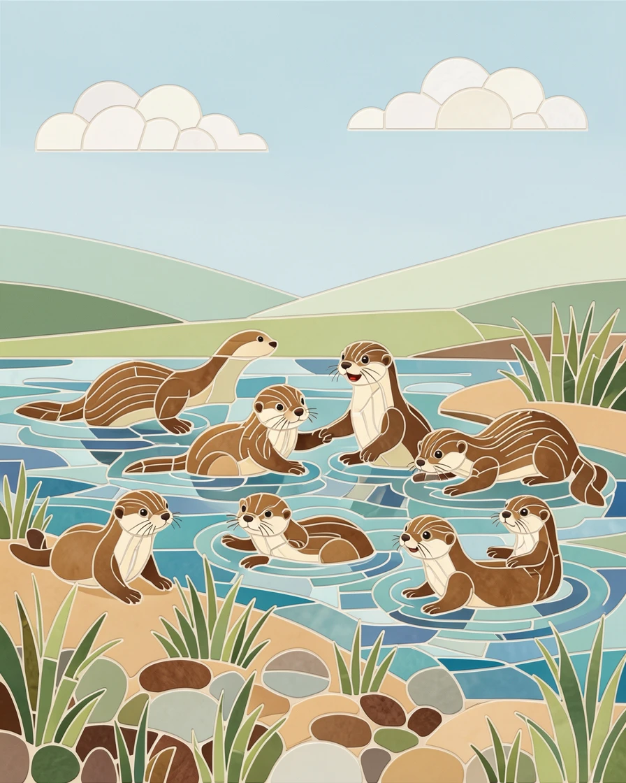 A family of otters playing along a riverbank.