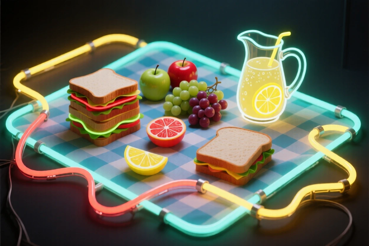 A picnic spread of sandwiches, fruit, and lemonade on a checkered blanket.