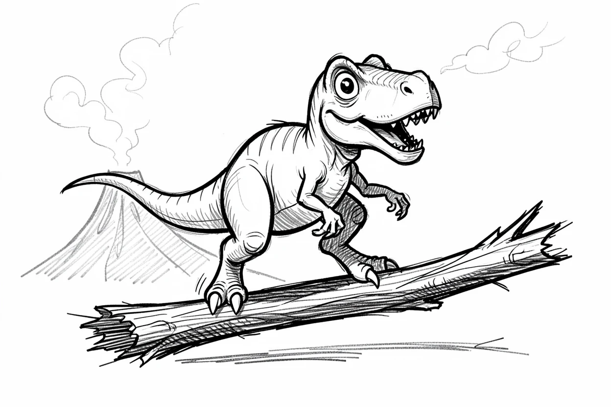 A dinosaur balancing on a log beside a volcano in the distance.