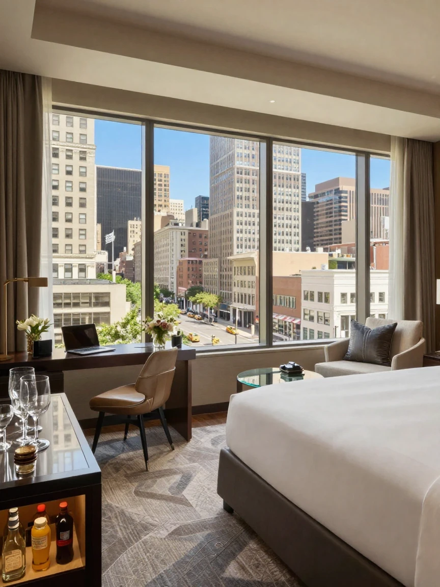 A luxury hotel suite with panoramic city views