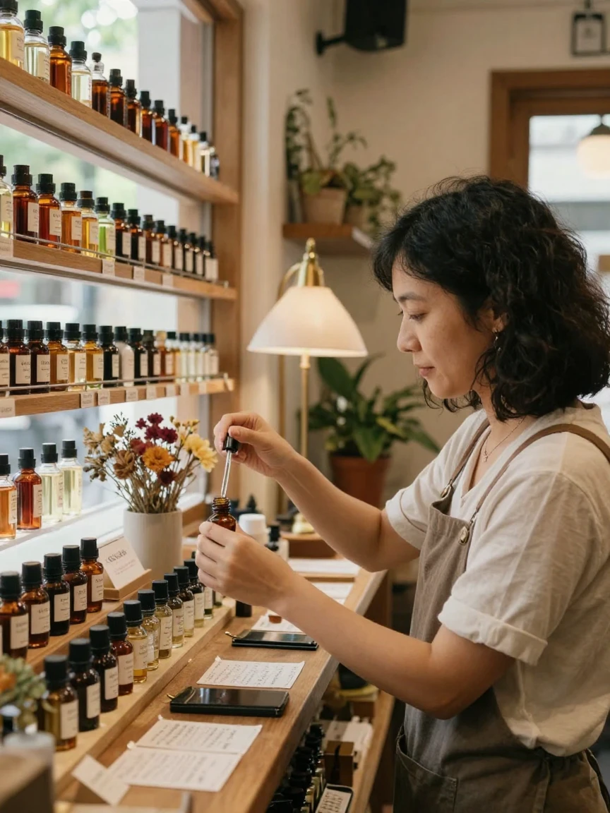 A perfumer blends scents from a wall of glass bottles in a small boutique.