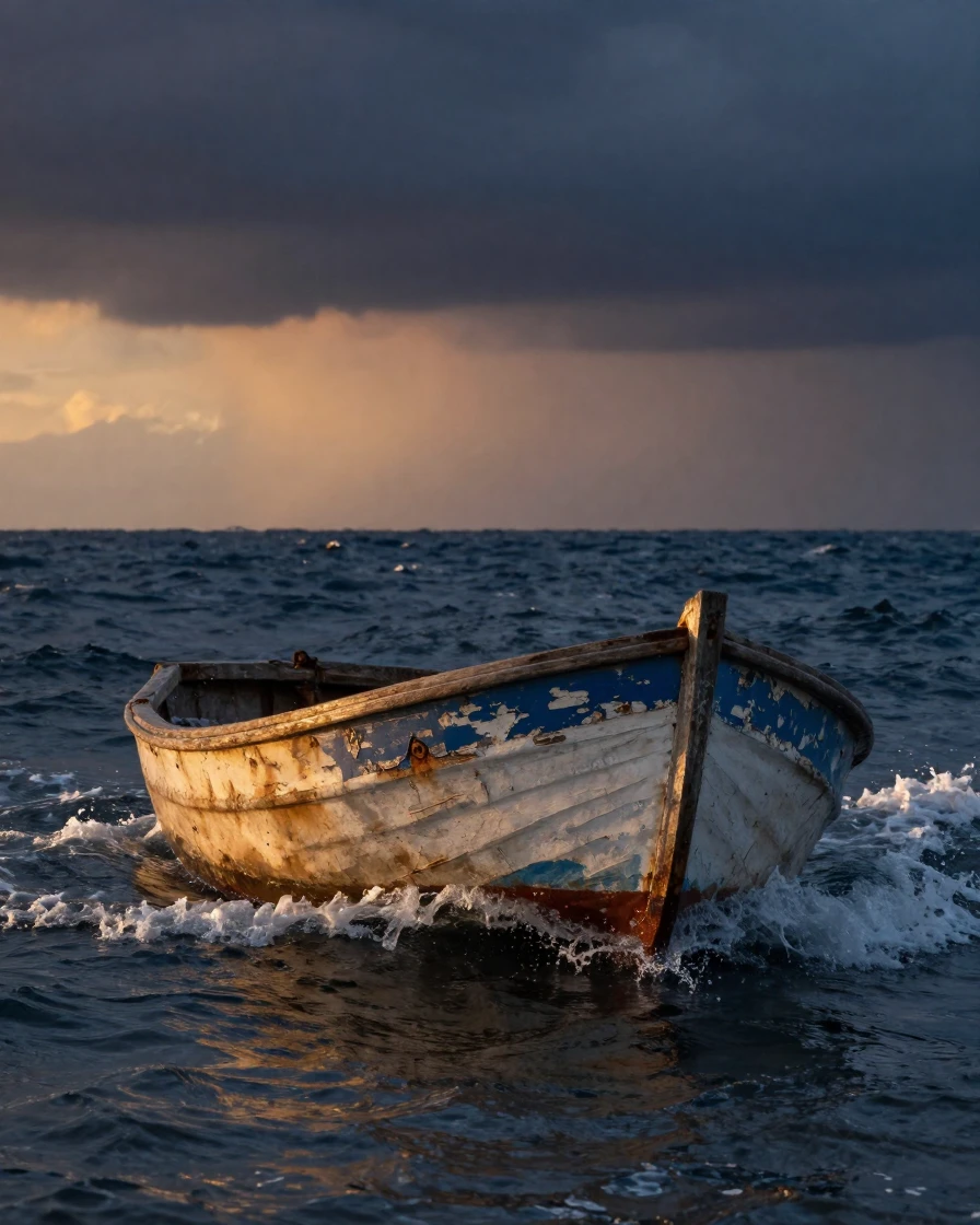 A weathered rowboat cutting through choppy ocean waves under a darkening evening sky