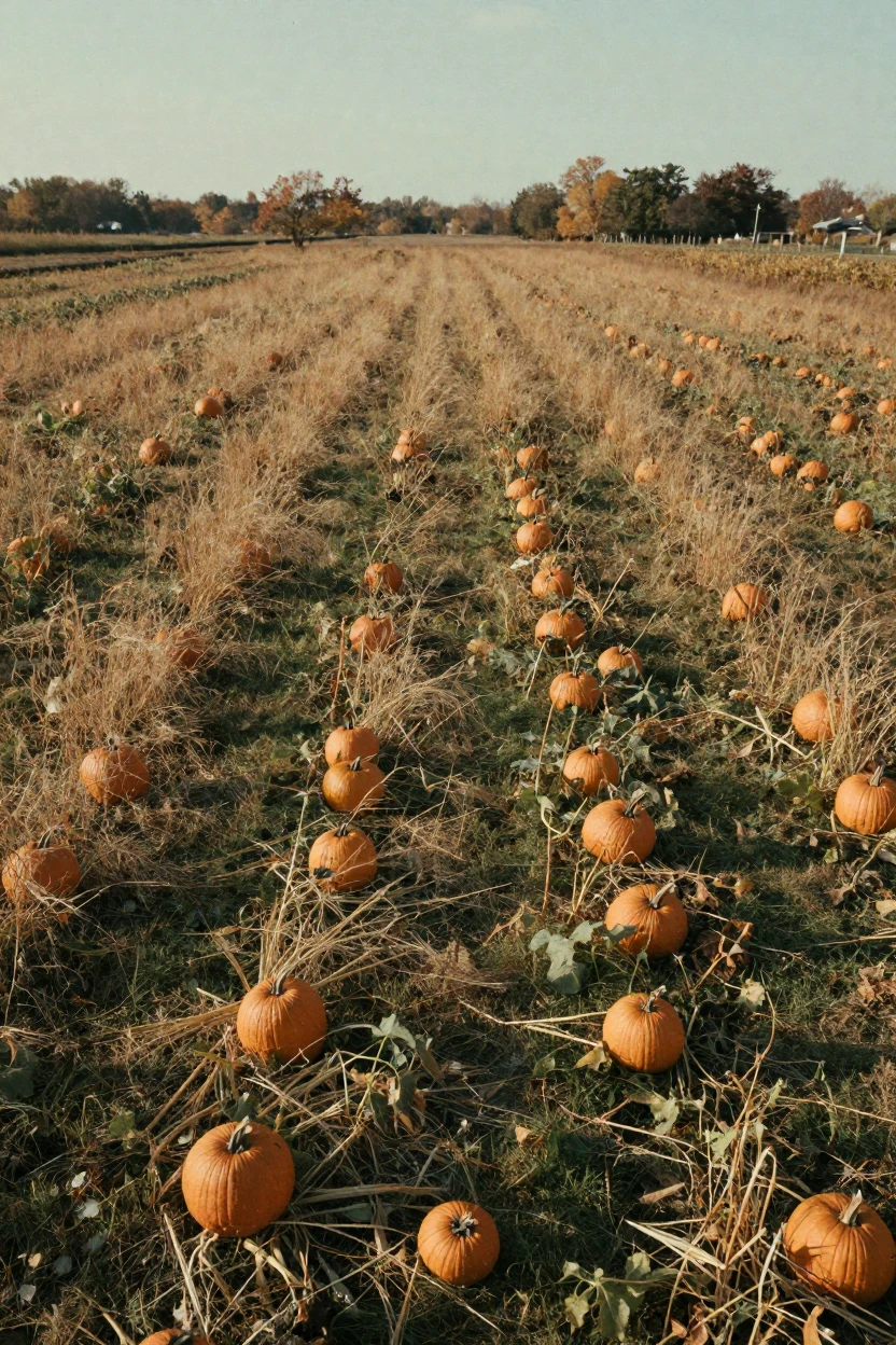 A pumpkin patch stretching across a golden autumn field, under a pale winter sky, with a soft breeze stirring the air, in autumn, with muted olive and rust colors, shot from directly overhead.
