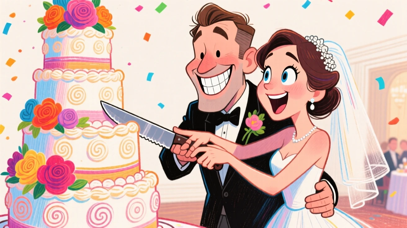 A newlywed couple cutting into a towering wedding cake together, hands overlapping on the knife.