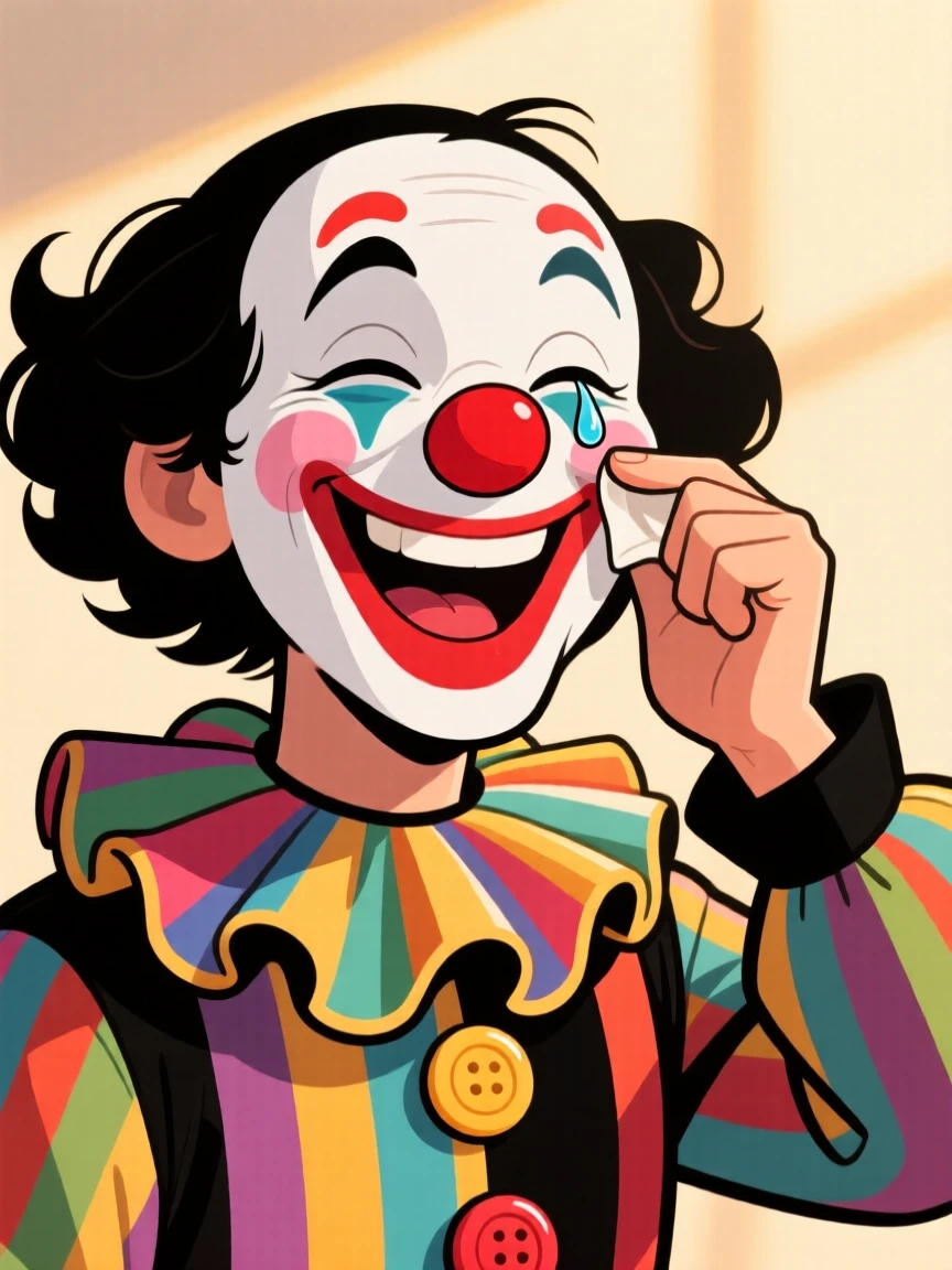 A charming portrait of a playful clown, wiping away a happy tear while smiling, framed by soft golden afternoon light.