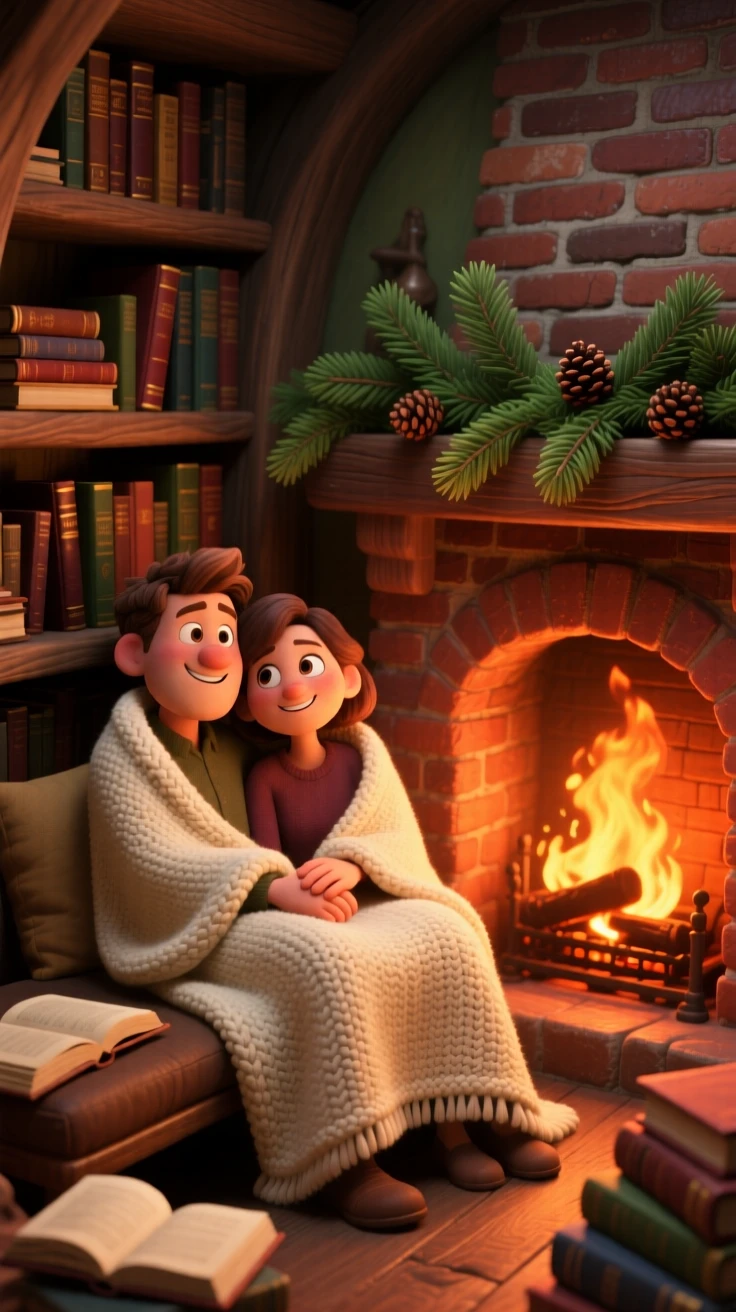 A couple sharing a blanket sits in a small library nook stacked with old books, listening to the crackle of the fire. A deep sense of comfort and quiet contentment fills the room, with pine branches decorating the mantel.