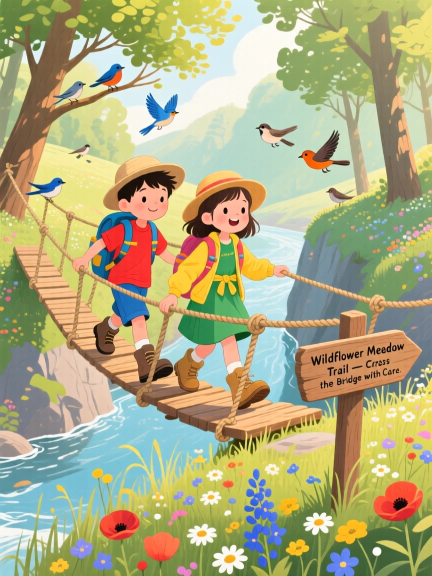 A pair of hiking siblings pauses while crossing a rope bridge over a gentle ravine in a wildflower meadow, with birdsong echoing through the trees.