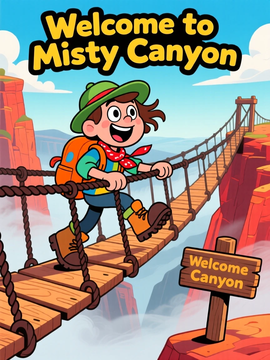 A hiker crossing a suspension bridge above a misty canyon.
