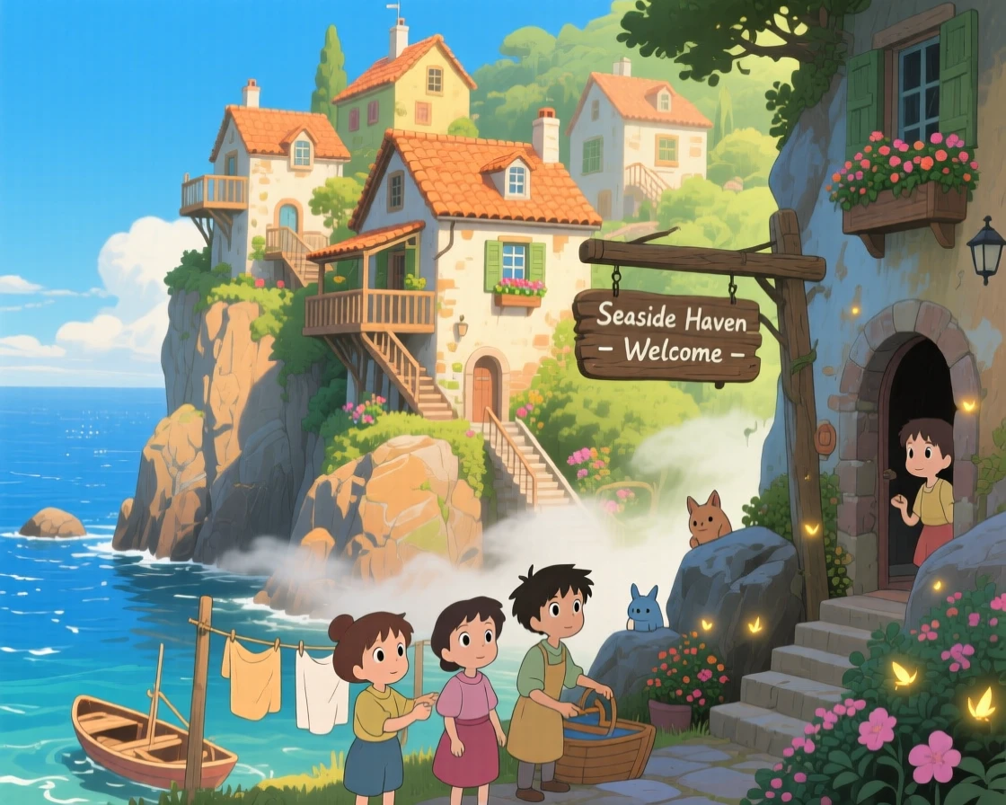 A scenic view of a coastal cliffside town with houses stacked above the water, with terracotta rooftops catching the afternoon light.