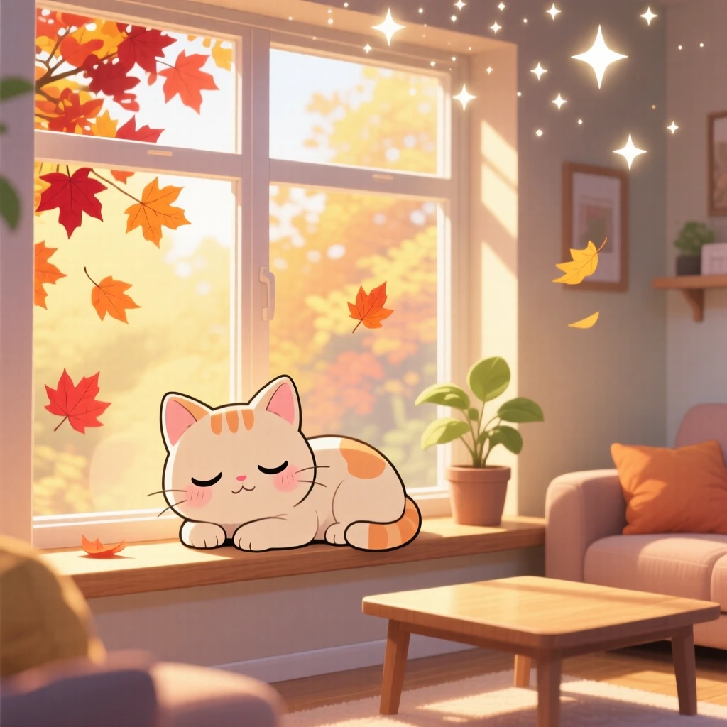 Waist-up portrait of a sleepy cat, curled up in a sunbeam on a windowsill, in a quiet cozy living room, with autumn leaves swirling around, illuminated by sparkling starlight, radiating warm affection.