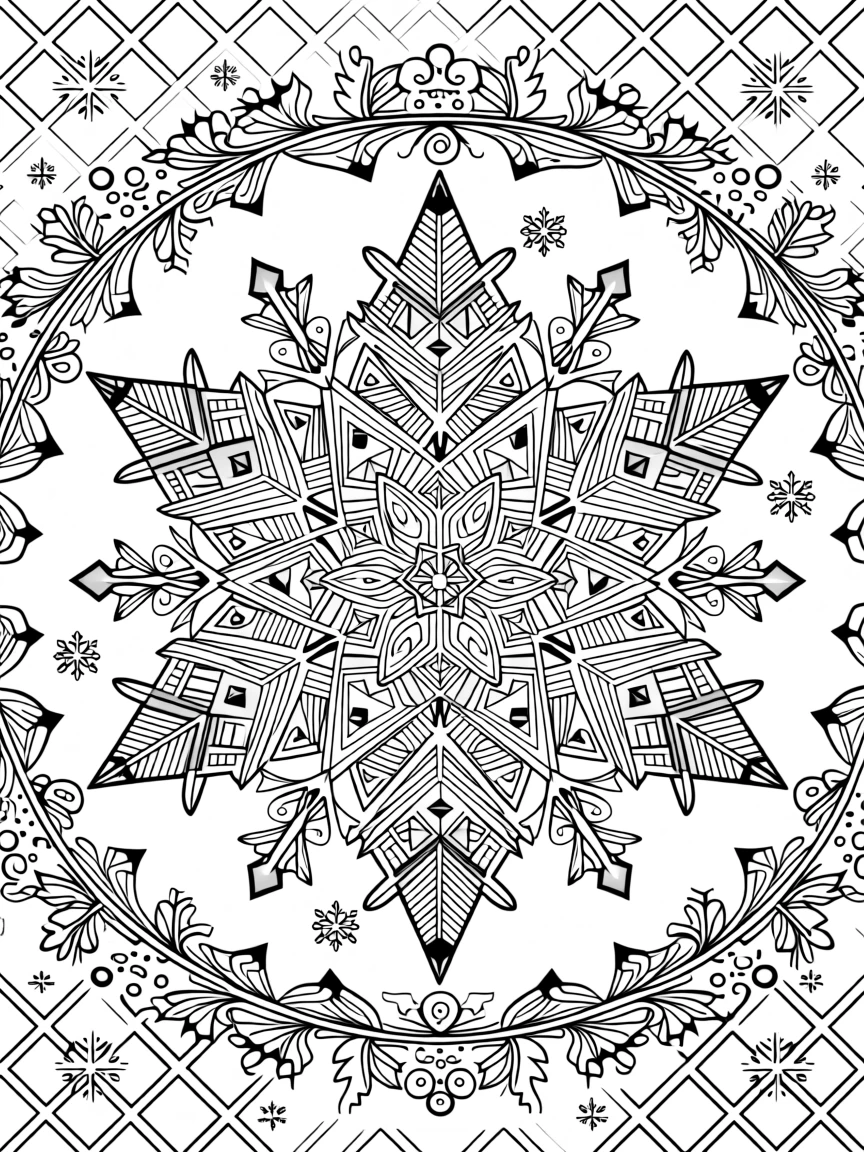 A snowflake mandala with six-fold symmetry and crystalline detail.