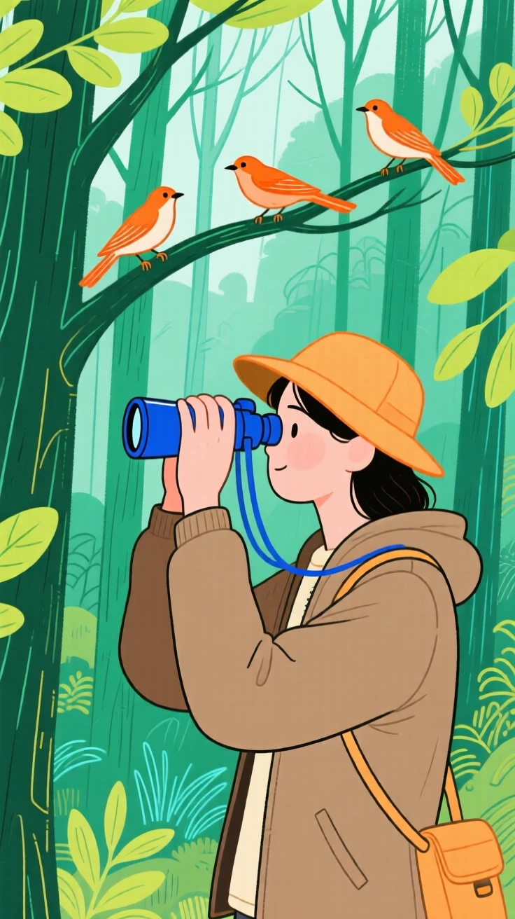 A birdwatcher observing through binoculars in a forest.