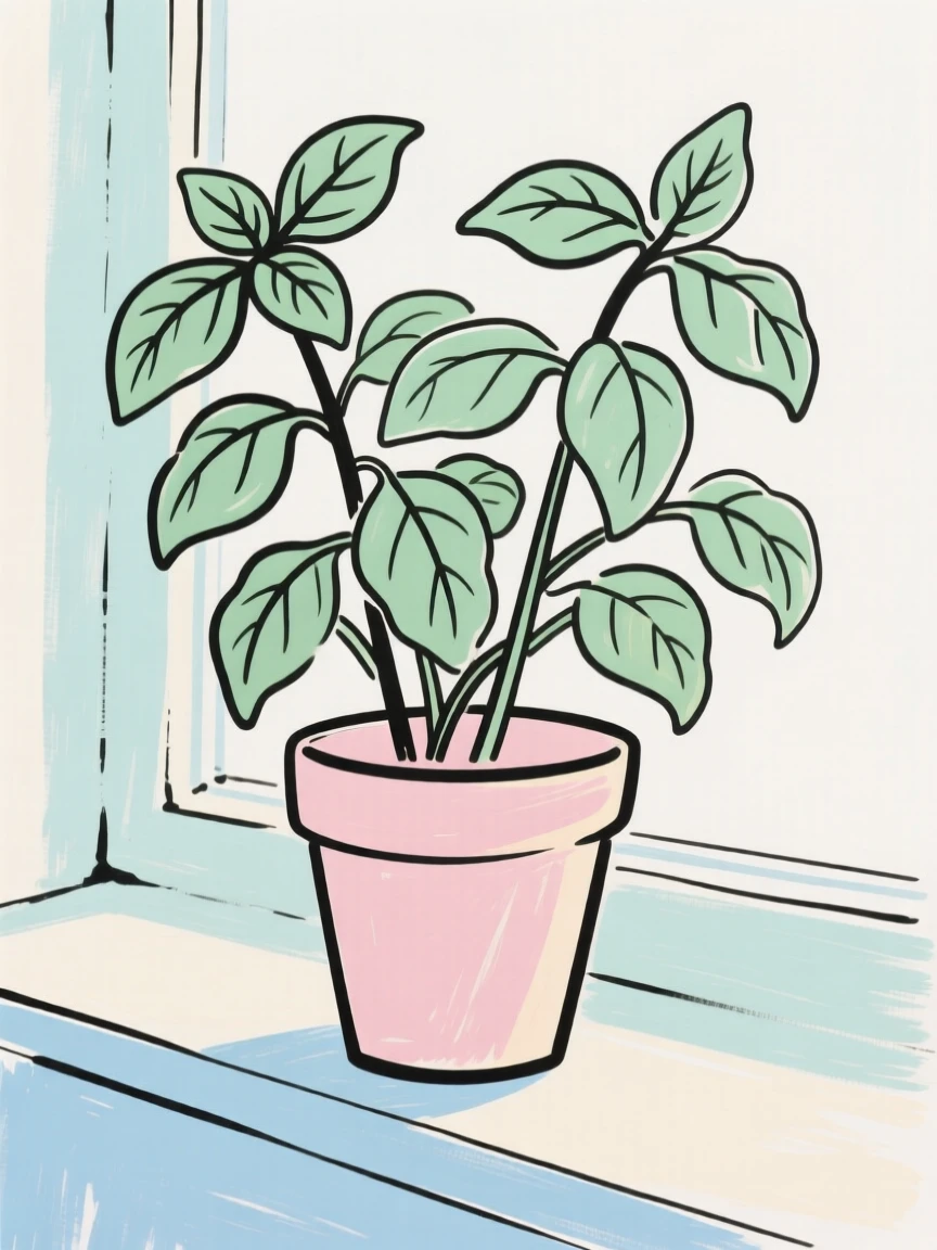A basil plant on a windowsill