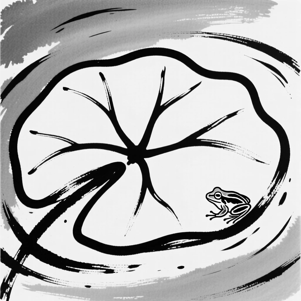 A single water lily pad with a small frog perched on its edge.